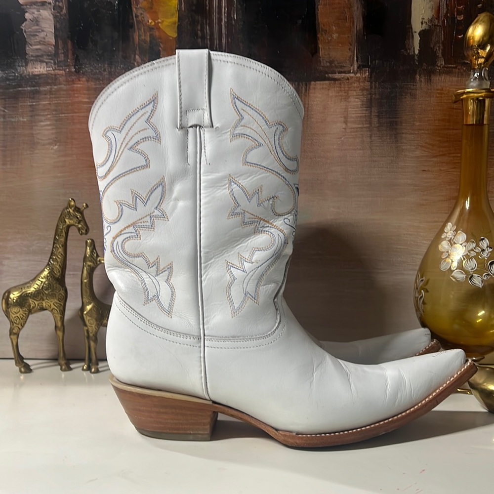 El General White Leather Cowboy Boots